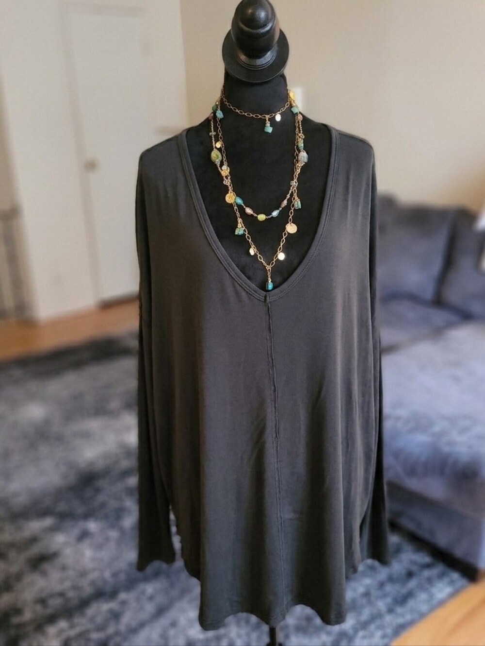 Free People Dark Olive Green V-Neck Long Sleeve Women's Top  Size M